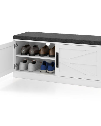 Giantex Shoe Storage Bench with Cushion, 2-Tier Entryway Bench w/2 Barn Doors & 2 Adjustable Shelves