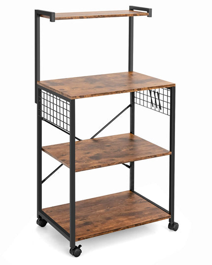 Giantex Kitchen Baker Rack on Wheels, Industrial Utility Storage Shelf, with 3 Hooks (Rustic Brown)