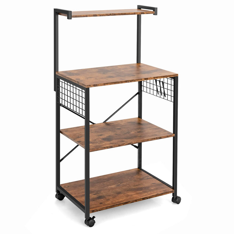 Giantex Kitchen Baker Rack on Wheels, Industrial Utility Storage Shelf, with 3 Hooks (Rustic Brown)