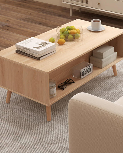 Giantex Rattan Coffee Table, Mid Century Modern Center Table with 2 Storage Drawers & Back Compartment