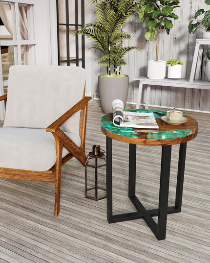 Giantex 20” Teak Wood Outdoor Side Table - Round End Table with Epoxy Resin Tabletop