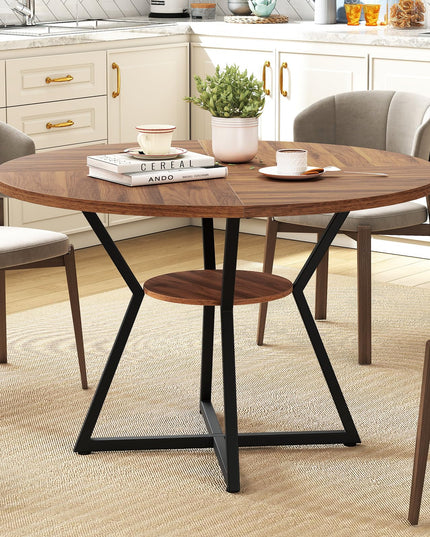 Giantex Table à manger ronde de 119 cm pour 4 personnes avec étagère de rangement et base en métal en forme de X