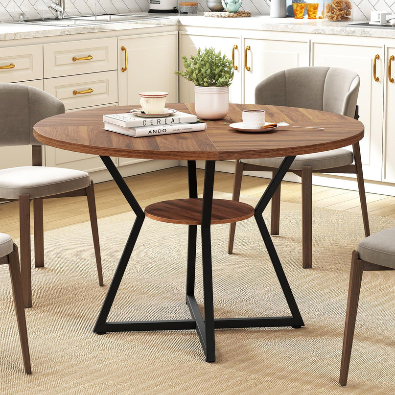Giantex 47" Round Dining Table for 4 with Storage Shelf & X-Shaped Metal Base