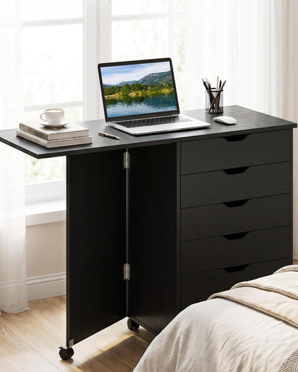 GIANTEX 5-Drawer Wood Compact Foldable Drop-Leaf Computer Desk with Wheels