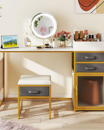 Coiffeuse avec miroir LED et meuble cannelé éclairé