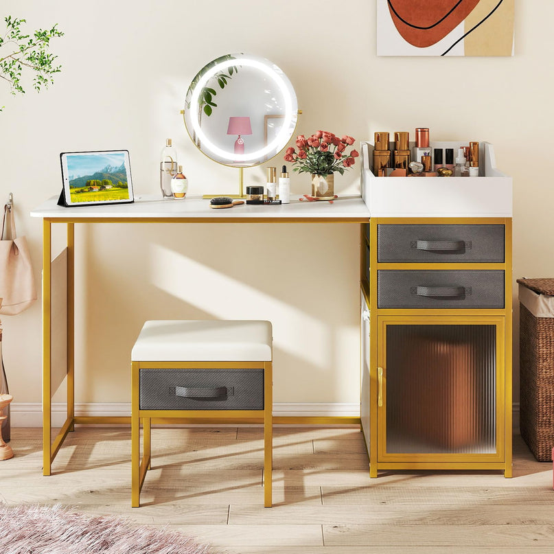 Coiffeuse avec miroir LED et meuble cannelé éclairé