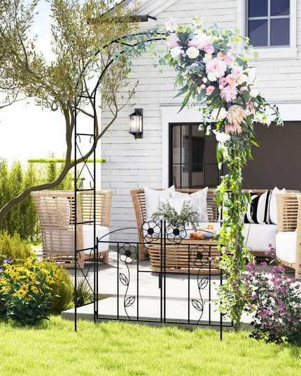 Giantex Garden Arbor with Gate, 7.5FT Metal Arch Trellis for Climbing Plants Rose Ivy, Archway Pergola with Flower Door