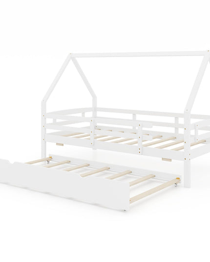 Giantex Twin House Bed with Trundle, Wood Kids Bed Frame with Roof & Fence Rails