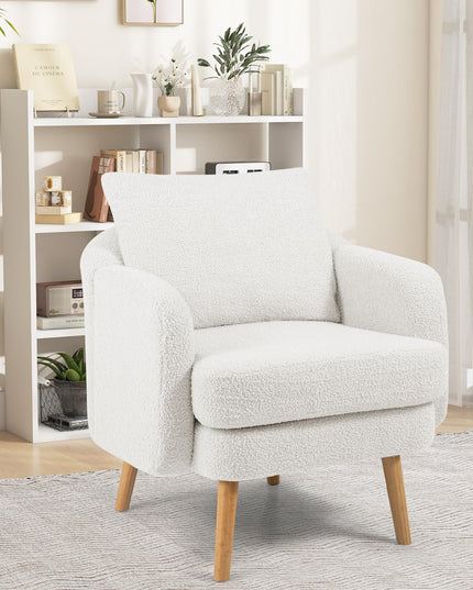 Giantex Sherpa Accent Chair, Modern Upholstered Single Sofa Chair with Back Pillow & Solid Rubber Wood Legs