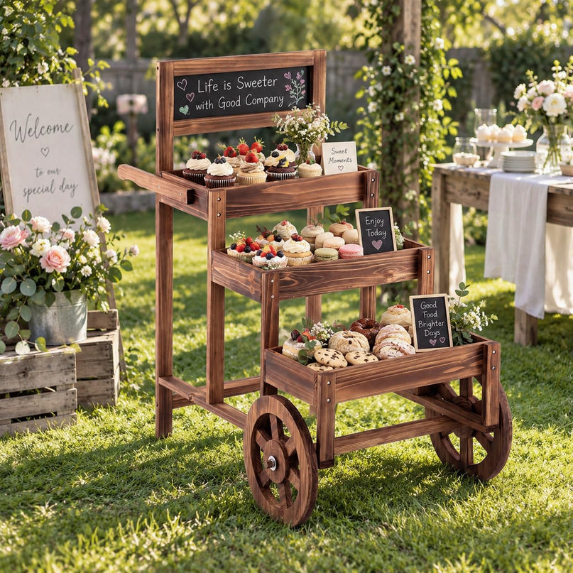 GIANTEX 3-Tier Wooden Plant Stand with Chalkboard & Wheels
