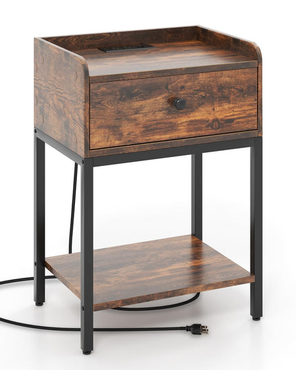 Table de chevet Giantex avec station de recharge, table de nuit industrielle avec tiroir de rangement et étagère ouverte