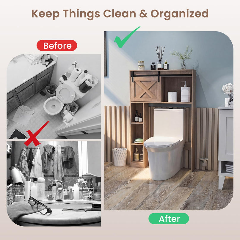 Meuble de rangement sur les toilettes Giantex - Organisateur de salle de bain autoportant avec porte de grange coulissante et étagères de rangement