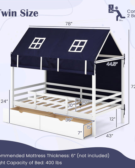 Giantex Twin House Bed with Tent, Wood Kids Bed with 2 Storage Drawers, Solid Wood Daybed Frame with Rails and Roof