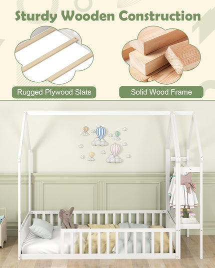 Giantex Twin House Floor Bed, Solid Wood Montessori Floor Bed with Detachable Storage Shelf & Clothes Hanger