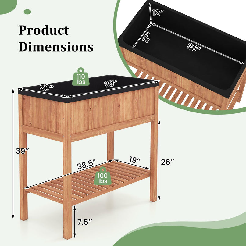 Giantex Raised Garden Bed Wood Planter Box with Plant Stand & Black Liner（40"x20"x39"）