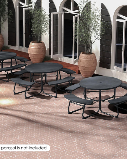 Giantex Picnic Table Set for Up to 8 Persons, Round Outdoor Table and Bench Set with Umbrella Hole