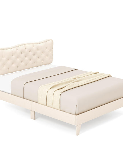 Giantex Full Size Bed Frame Beige, Linen Fabric Upholstered Platform Bed Frame with Nail Headboard