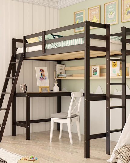 Giantex Twin Size Loft Bed with Desk, Solid Wood Loft Bed with 2 Ladders & Full Length Guardrail