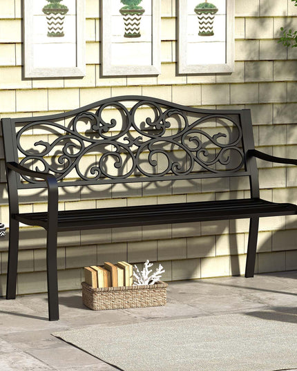 Giantex Outdoor Bench with Floral Pattern Ergonomic Backrest & Slatted Surface