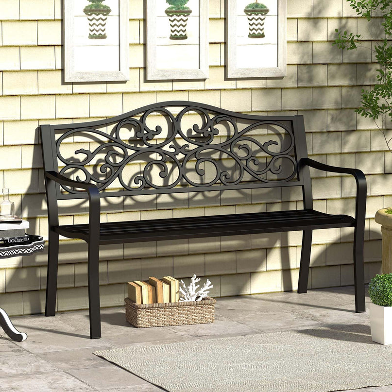 Giantex Outdoor Bench with Floral Pattern Ergonomic Backrest & Slatted Surface