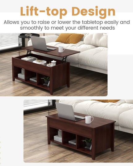 Giantex Lift Top Coffee Table - Rectangular Wooden Table w/Hidden Compartment & Open Storage Shelves