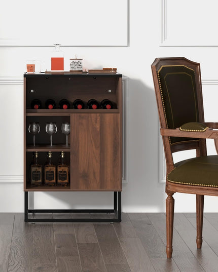 Giantex Wine Bar Cabinet, Small Sideboard Buffet Cabinet with Tempered Glass Top, Adjustable Feet & Shelf, Sliding Door