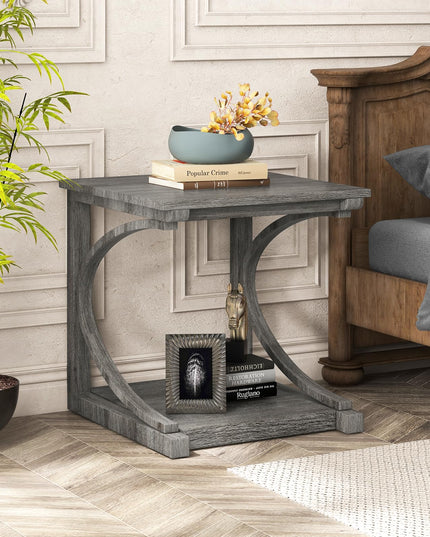 Giantex C-Shaped End Table, 24" Square Couch Table with Bottom Storage Shelf & Solid Rubber Wood Frame