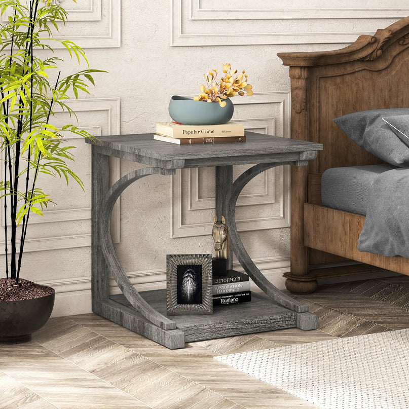 Giantex C-Shaped End Table, 24" Square Couch Table with Bottom Storage Shelf & Solid Rubber Wood Frame