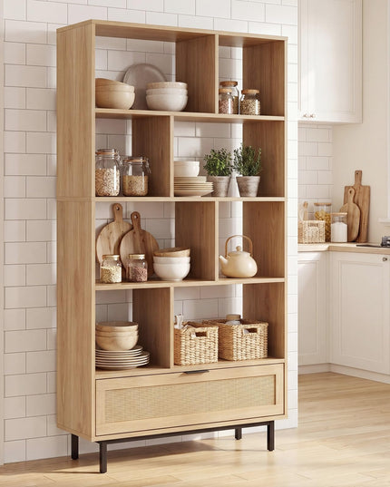 GIANTEX 64" Tall Bookshelf with Rattan Drawer
