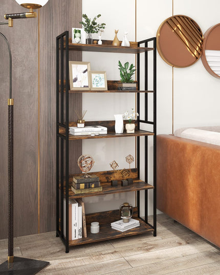 Giantex 5-Tier Industrial Bookshelf Rustic Brown - Metal Frame 61" Tall