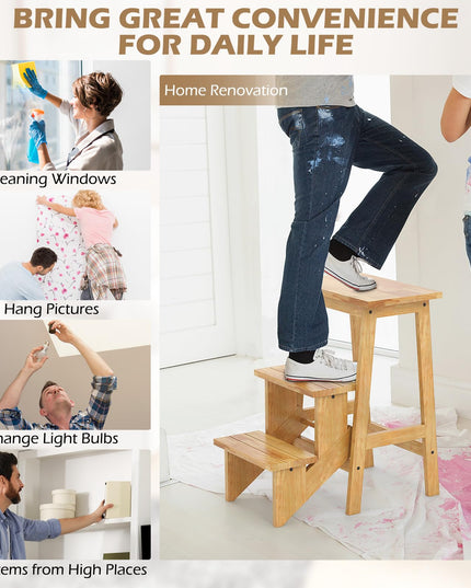 Giantex Folding 3 Tier Step Ladder, Multipurpose 3-in-1 Wood Step Stool with Anti-Slip (Natural)