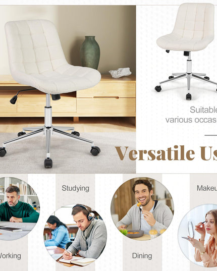 Giantex Armless Office Chair, Modern Faux Fur White Vanity Chair with Wheels & Adjustable Height