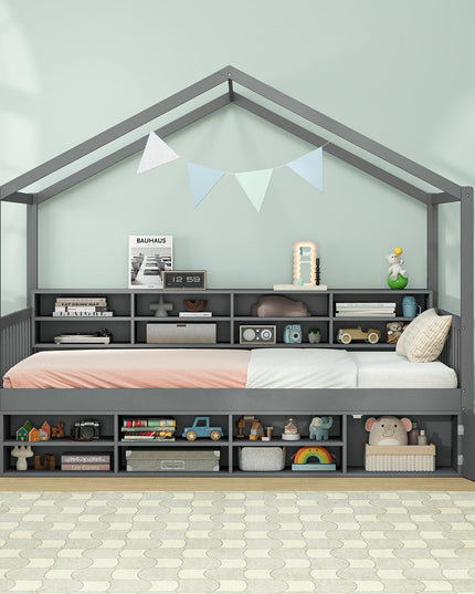 Giantex Twin Size House Bed with Storage, Wooden Montessori House Bed with 14 Storage Cubes