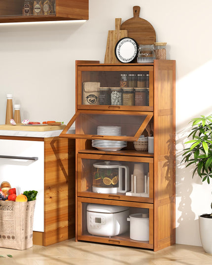 Giantex 4-Tier Bookcase with Clear Doors, 55" Bamboo Bookshelf with Flip-up Acrylic Doors, Freestanding Cube Storage Organizer with Shelves