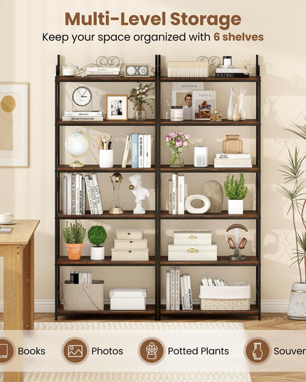 Giantex 6-Tier Industrial Bookcase with Scrollwork Metal Frame & 2 Anti-Tipping Kits