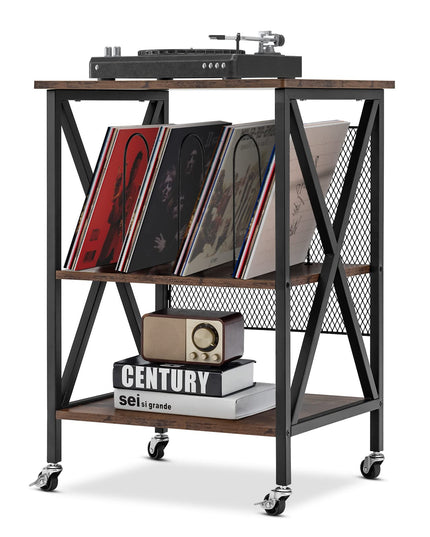 Giantex Record Player Stand, Vinyl Record Storage Table w/ 3 M-shaped Dividers & 4 Rolling Wheels, Rustic Brown