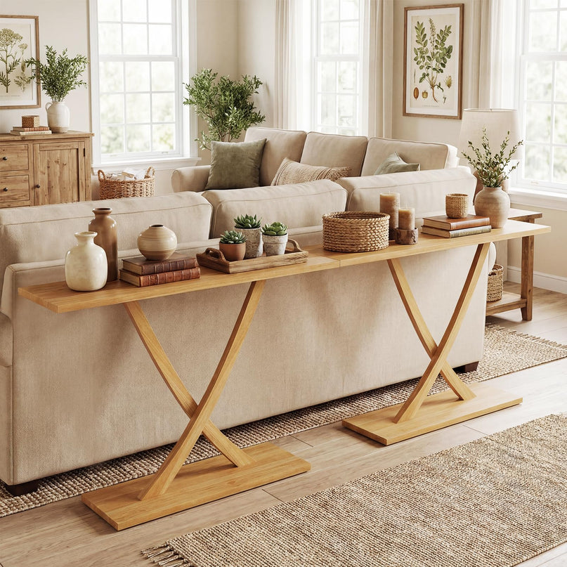 Console en bois massif Giantex 57" avec cadre en bois de teck et design géométrique