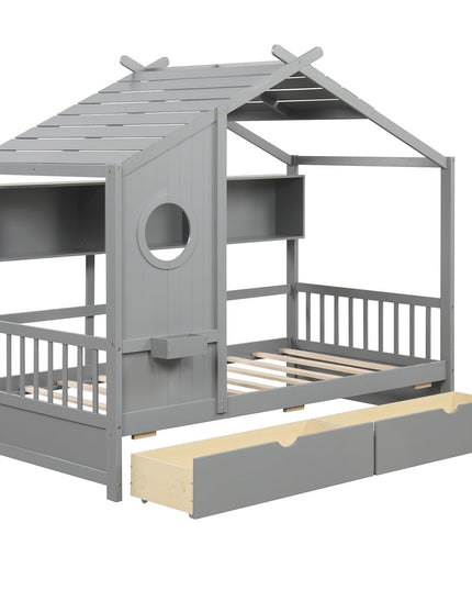 Giantex Twin House Bed with 2 Storage Drawers, Kids Bed Frame with Storage Cubes, Montessori Bed with Fence Guardrails & Roof