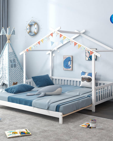 Giantex Extendable House Bed for Kids, Twin to King Daybed with Roof & Fence Rails, Wood Kids Bed Frame for Teens