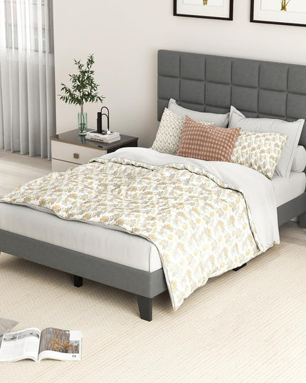 Giantex Full Size Platform Bed, Linen Fabric Upholstered Bed Frame with Adjustable Headboard & Wooden Slat Support