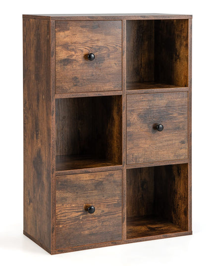Giantex 6-Cube Bookcase with Drawers, 3-Tier Freestanding Wooden Bookshelf with Anti-toppling Device