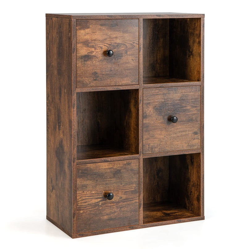 Giantex 6-Cube Bookcase with Drawers, 3-Tier Freestanding Wooden Bookshelf with Anti-toppling Device
