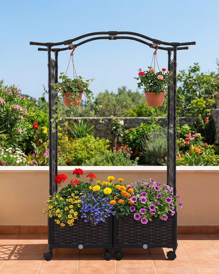 Giantex Planter Boxes with Arch Trellis | 5FT Self-Watering Tall Raised Garden Bed w/Wheels