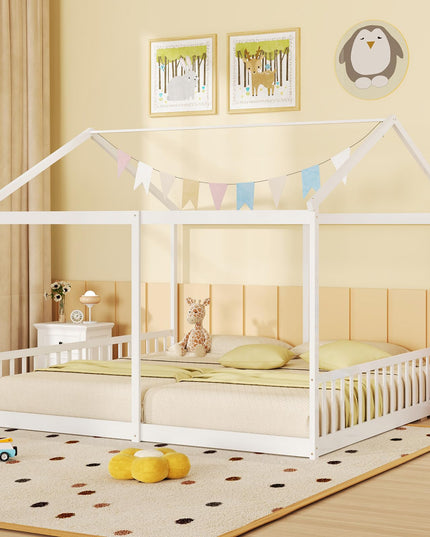 Giantex Double Twin Floor Beds for 2 Kids, Wood Twin Size House Beds with Safety Guardrails, White