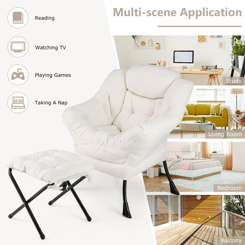 Giantex Set of 1/2 Lazy Chair with Folding Ottoman, Modern Sherpa Accent Chair w/Armrests & Pocket