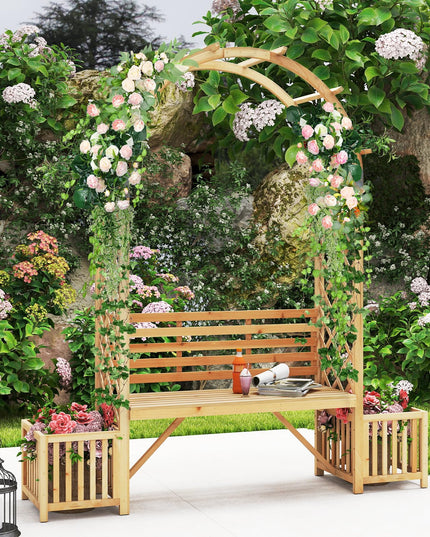 Giantex Outdoor Bench with Garden Arch & Planters for Backyard Lawn