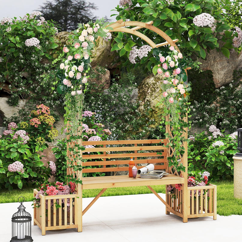 Giantex Outdoor Bench with Garden Arch & Planters for Backyard Lawn