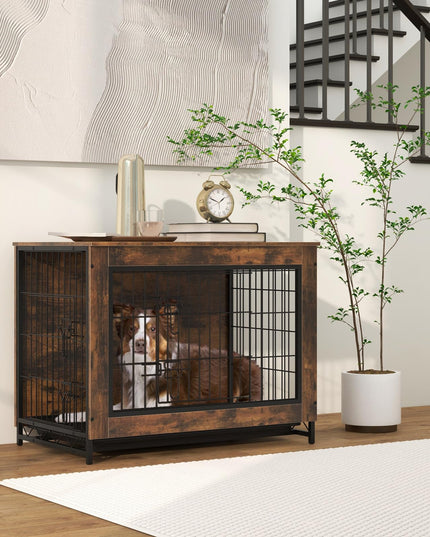Giantex Dog Crate Furniture - Dog Kennel Side Table with Double Doors & Removable Pull-Out Tray