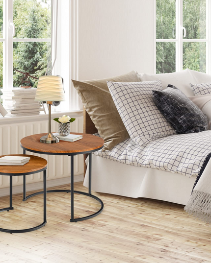 Nesting Coffee Table Set of 2, Round Stacking Side Tables w/Wooden Tabletop & Steel Frame