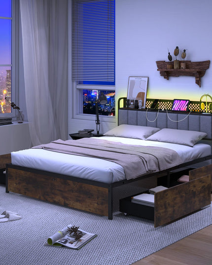 Giantex LED Bed Frame with Charging Station, Metal Platform Bed with Upholstered Headboard & 4 Storage Drawers